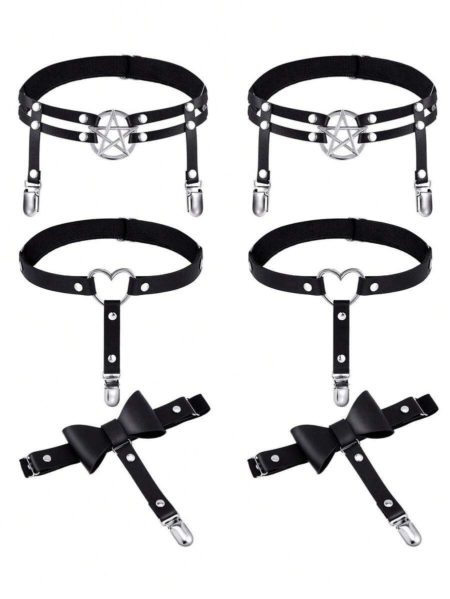 女士朋克风过膝长筒袜吊袜带，饰有心形、星星、蝴蝶结图案，可调节松紧带，带防滑夹扣