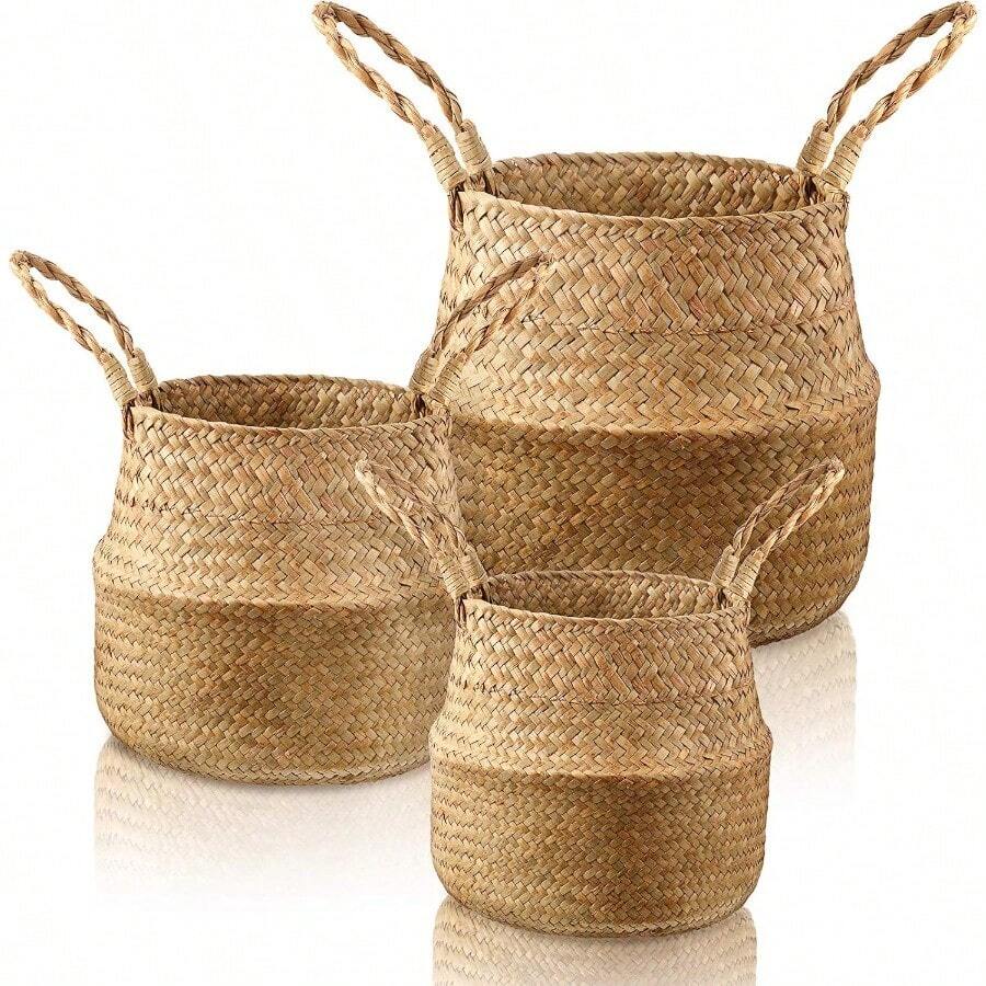 3 Set Seagrass Belly Storage Basket Woven Plant Pot Holder With Handles For Plants Picnic Grocery Laundry Natural Color - Màu tự nhiên - Xem 1