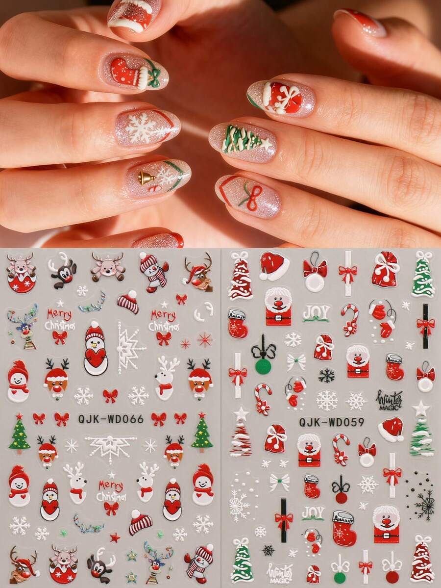 2 piezas Pegatinas de arte de uñas de Navidad con diseños de copos de nieve, Papá Noel, campanas, árbol de Navidad, gorro de Navidad, reno y muñeco de nieve, con acabado de relieve 5D exquisito y fácil aplicación para decoración de uñas, manualidades, regalos, maquillaje de fiesta, estilo Y2K