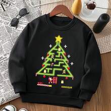 Young Boy Christmas Tree & Gift Print Thermal Lined Crew Neck Long Sleeve Sweatshirt, Casual Winter Wear