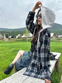 Hoodie Retro Motif Kotak-kotak untuk Wanita, Blazer Gaya Kasual Longgar Terbaru, Cocok untuk Wanita Bertubuh Mungil, Liburan Musim Semi/Gugur - Navy Blue - View 5