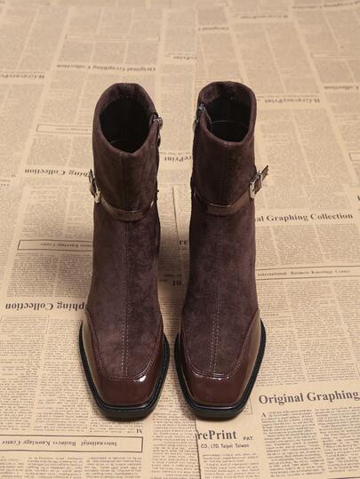 2025 Autumn/Winter New Retro French & British Style Brown Square Toe Leather & Suede Patchwork Ankle Boots For Women, Side Zipper, Chunky Heel, Buckle Strap, Fashion Dress Boots,Burgundy Heels