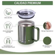 Volhoply - Taza de café con asa de acero inoxidable y aislamiento hermético, con tapa corrediza y popote, mantiene el frío y el caliente, tazas de campamento, 2 piezas, 355 ml, blanco - Verde militar - Ver 4