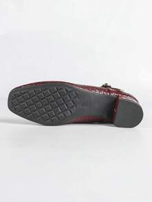 Women's Square Toe Casual Comfortable Rhinestone Buckle Chunky Heel Soft Bottom Work Shoes - Red - View 10