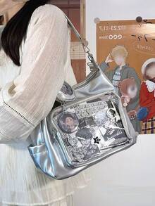 新款日式简约时尚透明徽章斜挎包，适合购物、通勤、派对、送礼、单肩和斜挎 - 銀色 - 查看 2