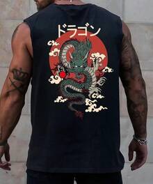 Macho Tank Top 100% Cotton Printed Front/Back Japanese Dragon Design Clouds Shirt Casual Style Basic Daily For Summer - 黑色 - 查看 1