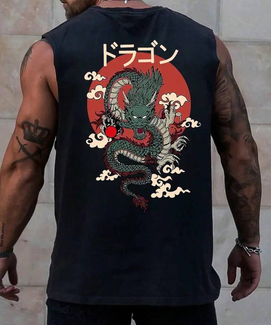 Macho Tank Top 100% Cotton Printed Front/Back Japanese Dragon Design Clouds Shirt Casual Style Basic Daily For Summer - màu đen - Xem 1