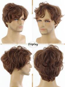 Men's Short Curly Brown Wig With Bangs, Synthetic Hair Wig For Everyday Wear - Brown - View 6