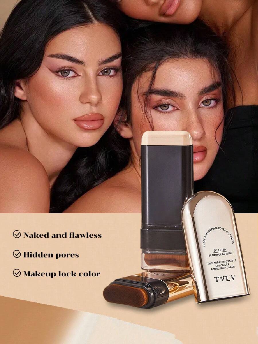 1 Piece 20g Hydrating Lightweight Buildable Full Coverage Brightening Long-Lasting Smudge-Proof Waterproof Oil Control Non-Caking Cream Foundation Stick With Brush, Natural Nude Shade Double-Ended Design Easy To Apply Blendable Concealing Brightening Persistant Non-Comedogenic Oil-Free, Perfect For Daily Makeup Party Wedding Summer Season Travel-Friendly For All Skin Types Matte Finish Photo-Ready Makeup Essential - 彩色 - 查看 1