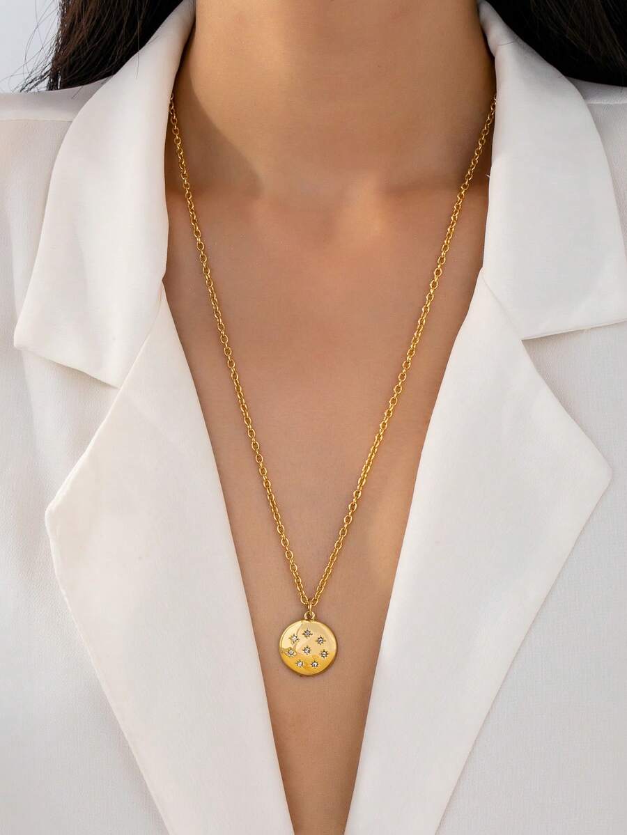 1pc Fashionable Minimalist Style Gold Metal Alloy Shield, Coin, Badge Pendant Design With Rhinestones, Women's Long Necklace Sweater Chain, Suitable For Daily Wear, Party, Banquet, Gift - Yellow Gold - View 1