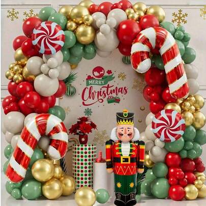 128 件胡桃夹子圣诞气球花环拱门套装红色鼠尾草绿色金色白色沙子气球糖果气球核桃士兵气球圣诞派对装饰用品，适用于圣诞节窗户装饰气球、生日派对主题装饰、房间背景装饰、圣诞主题气球套装
