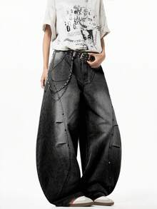 1 件正义兄弟休闲男士宽松破洞牛仔阔腿牛仔裤，日式风格 - 黑色 - 查看 3