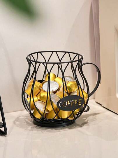 1 st metallhållare för kaffekapslar, koppformad design med svarta och guldfärgade alternativ, robust järnkonstruktion, "COFFEE"-etikettdetaljer, perfekt för kaffestation, köksbänk, hemmabruk och café - perfekt för att organisera kaffekapslar, dagliga bryggningsbehov