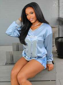 Steph T Women's Autumn Letter Print Drop Shoulder Long Sleeve V-Neck Sweatshirt Graduation,Back To School Outfits,Graduation,Teacher Outfits For Women,Back To School Pullover Fall Outfit - Blue - View 2