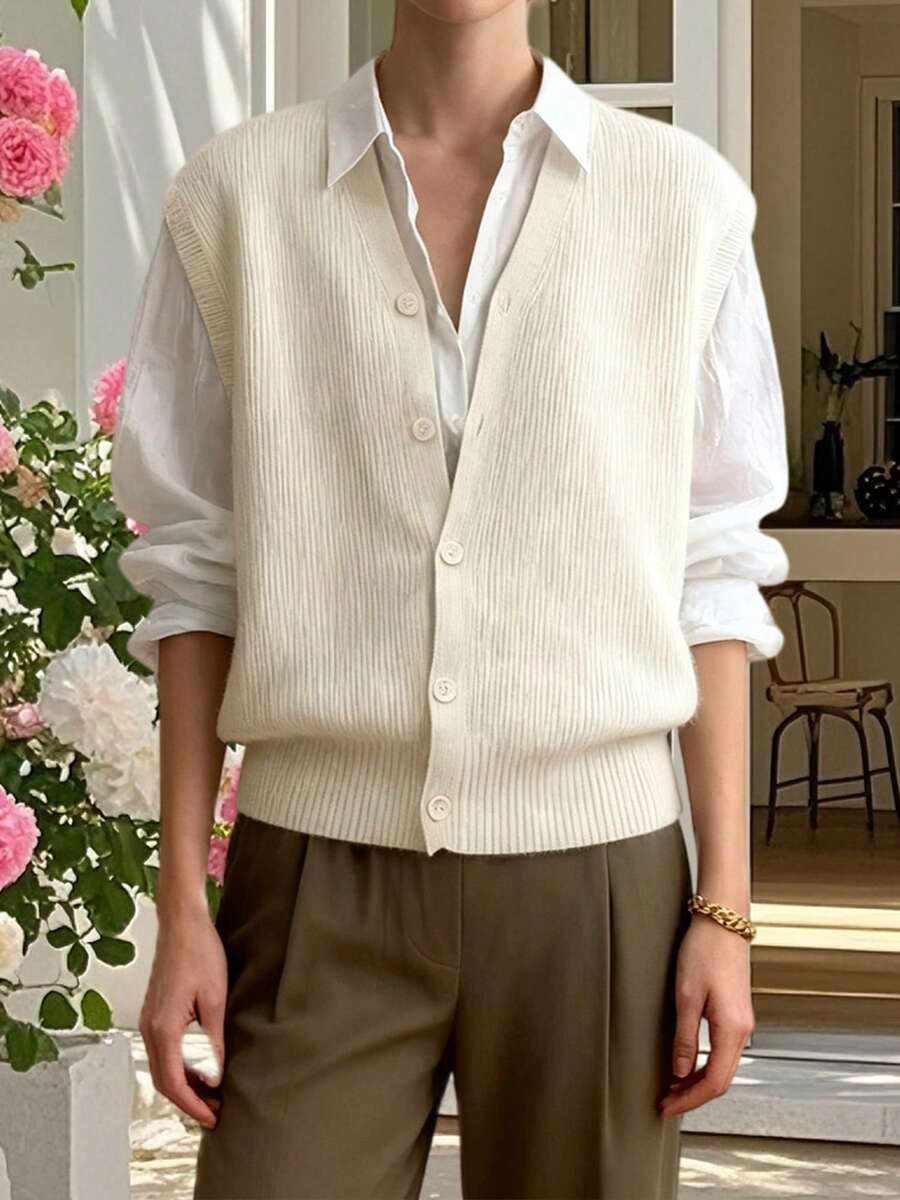 Women's Knit Sweater Vest Fashionable Versatile Solid Color Sleeveless V Neck Button Down Cardigans - Milky - View 1