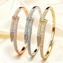 1pc Fashionable Metal Nail Copper Bracelet With Cubic Zirconia, Elegant & Simple, Versatile Daily Accessory For Women