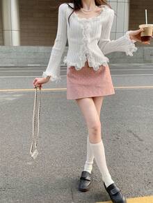 女士法式蕾丝边长袖开衫毛衣，修身款式，适合秋冬季节，甜美风格，适合日常穿着和约会，长袖上衣 - 白色 - 查看 6