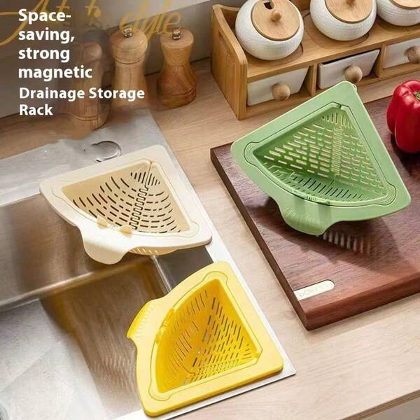 1 pièce Panier de drainage magnétique : nettoyage et rangement de cuisine. Fixation magnétique + pression pour incliner, résolution du drainage et du nettoyage. Pas besoin d'installation par perçage, stable mais sans endommager les murs. La conception à pression permet aux restes alimentaires et à l'eau de lavage de s'écouler naturellement dans le panier-filtre. Après le filtrage, verser directement dans la poubelle, évitant tout contact direct avec la saleté, rendant le nettoyage plus hygiénique et sans effort. Lorsqu'il n'est pas utilisé, il peut être utilisé comme une étagère temporaire pour placer de petits articles (comme des bouteilles d'assaisonnement, des chiffons de vaisselle), en utilisant pleinement l'espace du plan de travail.
