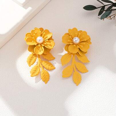 1 Coppia di Eleganti Orecchini Vintage in Metallo con Disegno 3D a Foglia e Fiore per Donne, Adatti per Uscite, Appuntamenti, Vacanze