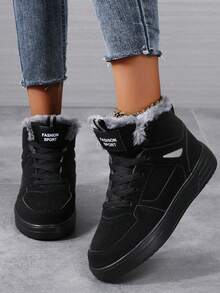 Zapatillas deportivas casuales de invierno para mujer de talla grande, con cordones, suela blanda y cómoda, zapatos deportivos ligeros con felpa para mantener el calor, zapatillas diarias - Negro - Ver 3