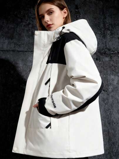 Women's Outdoor Casual Jacket Single-Shoulder Jacket Windproof Detachable Hood Zipper Cardigan Stitching Color