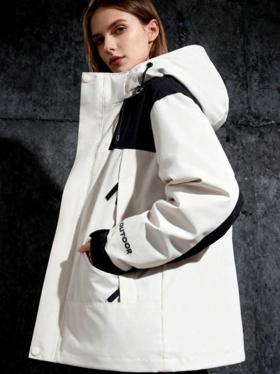 Women's Outdoor Casual Jacket Single-Shoulder Jacket Windproof Detachable Hood Zipper Cardigan Stitching Color - 白色 - 查看 1