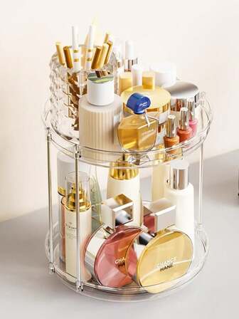 1개 원형 메이크업 정리함, 조리대용 - 2단 레이지 수잔 턴테이블, 360° 회전 및 분리 가능한 선반으로 조리대를 깔끔하게 유지, 스킨케어, 화장품, 헤어 액세서리 보관