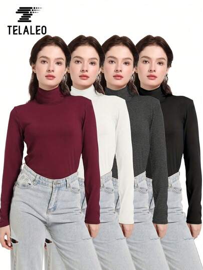 TELALEO 4 Packs Women's Thermal Shirts Turtle Neck Long Sleeve Tops - Slim Fit Baselayer Shirts, Warm Thermal Underwear & Layering Essentials Comfortable Loungewear