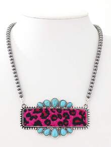 1pc Bohemian Style Leopard Print Leather Geometric Turquoise Pendant Necklace, Women - Necklace - View 7