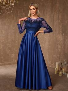 EVERLYL Delicate Lace Appliques Embellished Crew Neck Satin Panel Sweetheart A-Line Wedding Dress - Navy Blue - View 6