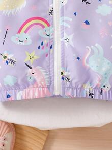 女婴可爱连帽卡通长袖拉链彩虹动物印花轻薄外套，适合日常外出，春秋季