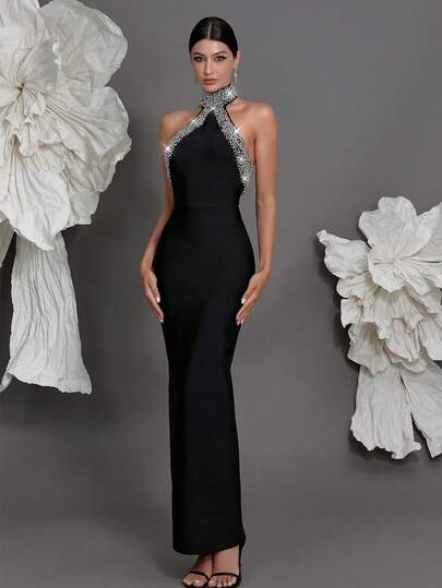 Halter Knit Bandage Bodycon Dress, Luxury New Arrival Evening Gown, Fashion Sexy Slim Fit For Family Party, Cocktail, Pencil Skirt