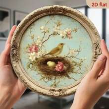2D Flat, 8x8inch Piece Vintage Bird's Nest Wall Decor - Farmhouse And Country Style Metal Wall Art, Floral Bird's Nest In Soft Pink/Beige/Teal Colors - Easy-To-Hang Decoration Living Room, Kitchen - Housewarming - 2D Flat Gorgeous Frame Design - Vintage Spring Home Decor - Decorative Plaque With Pre-Drilled Holes - Farmhouse Style Decoration, 2D Flat - 彩色 - 查看 1