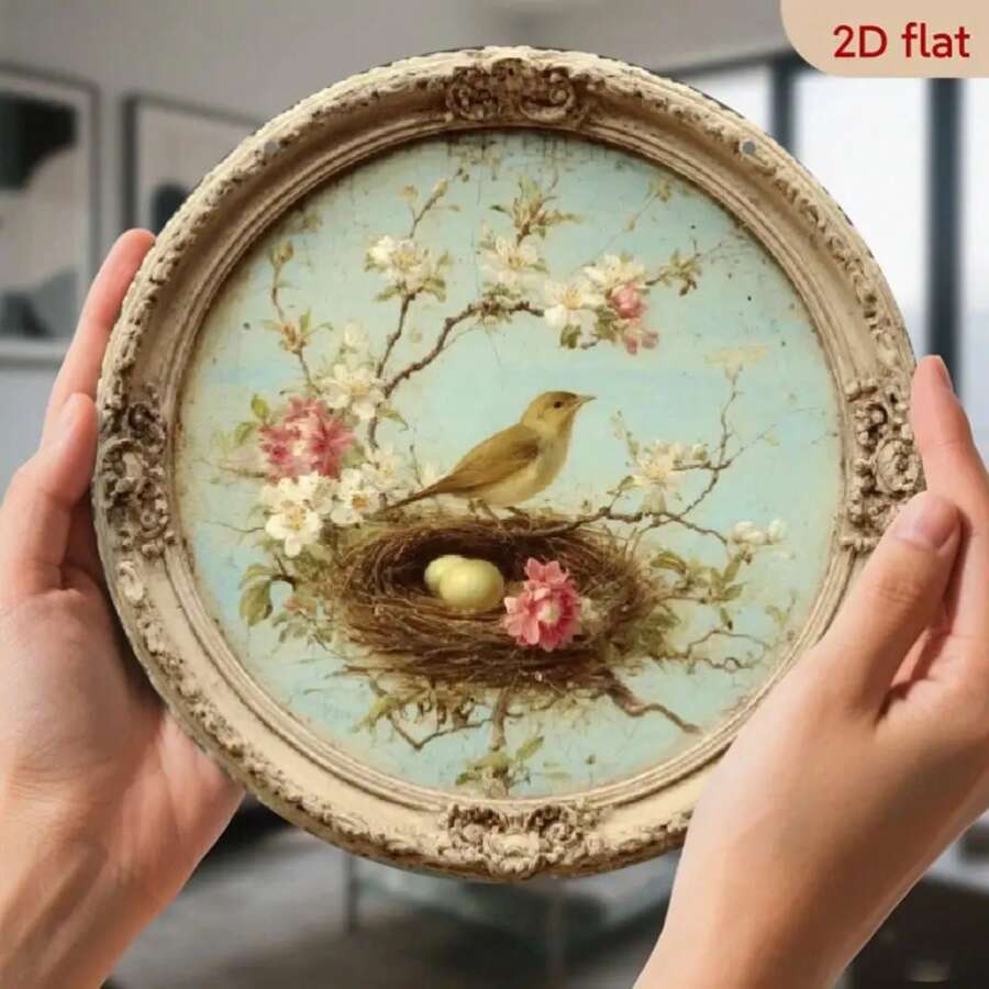 2D Flat, 8x8inch Piece Vintage Bird's Nest Wall Decor - Farmhouse And Country Style Metal Wall Art, Floral Bird's Nest In Soft Pink/Beige/Teal Colors - Easy-To-Hang Decoration Living Room, Kitchen - Housewarming - 2D Flat Gorgeous Frame Design - Vintage Spring Home Decor - Decorative Plaque With Pre-Drilled Holes - Farmhouse Style Decoration, 2D Flat - 彩色 - 查看 1