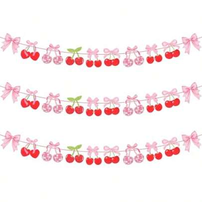Lan-3 Pcs Cherry Party Decor Pink Bow Cherry Garland Banner For Birthday Cherry On Top Baby Shower Decorations Cherry Decor Summer Cherries Party Decoration For Halloween Christmaslan134