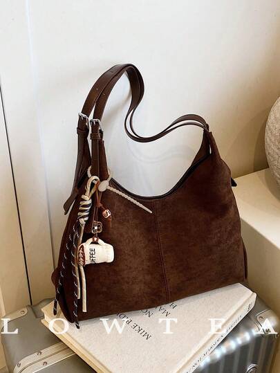 1 件 Low Tea 纯色麂皮面料单肩包，女士复古休闲大容量单肩斜挎包，双手柄设计，拉链开合，褶皱设计，磁扣开合，适合日常购物（配吊坠出售）