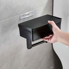 Aesthetically Matte Black Multi-Function Square Paper Towel Roll Holder With Storage Box Wall Mounted Toilet Paper Holder, Stainless Steel
