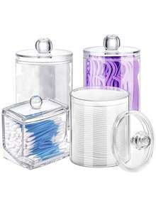 Caja de almacenamiento transparente para el baño, 4 paquetes de cajas de almacenamiento para el baño con tapa, soporte cuadrado pequeño para hisopos, diseño apilable, perfecto para almacenar hilo dental, sales de baño, bolas, etc.