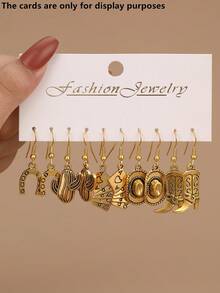 Set de 10 piezas de pendientes de estilo vaquero occidental de metal a la moda, con elementos de sombrero y bota - color dorado antiguo - Ver 12