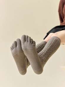 1/3/6 Pairs Women Solid Color Two-Toe Socks, Five-Finger Socks, Autumn/Winter Merino Color Versatile Mid-Calf Socks, Women Diamond Grid Toe Socks - Multicolor - View 4