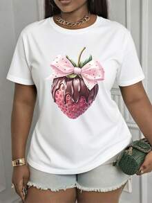Strawberry Chocolate Drizzle Bow Print Graphic Tee For Women Casual Summer Top Fashion Statement Shirt, 220g - 白色 - 查看 1