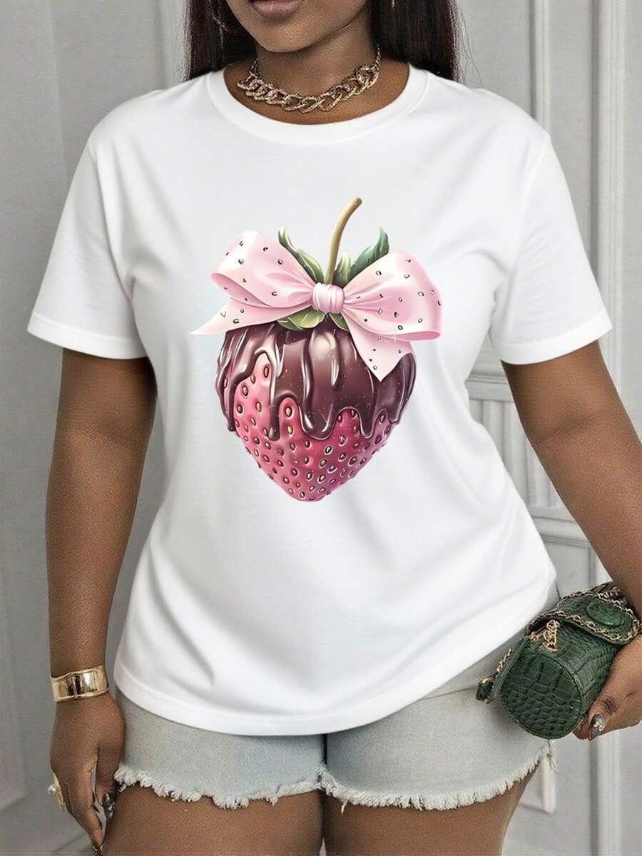 Strawberry Chocolate Drizzle Bow Print Graphic Tee For Women Casual Summer Top Fashion Statement Shirt, 220g - 白色 - 查看 1