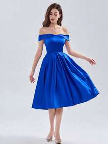 Sexy Off Shoulder Backless Satin Midi Evening Dress With Pleats For Bridal Shower Guests Lace Up Back Simple Satin Prom Dresses - Royal Blue - View 4