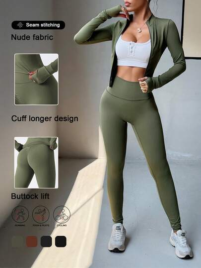 Conjunto de dos piezas de mujer para otoño/invierno, de unicolor, para ocio y deportes al aire libre, con top de manga larga con cremallera y pantalones slim para yoga, running y fitness