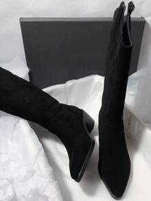 2025秋冬新款时尚西部尖头绒面过膝长靴（女款） - 黑色 - 查看 4