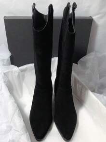 2025秋冬新款时尚西部尖头绒面过膝长靴（女款） - 黑色 - 查看 3