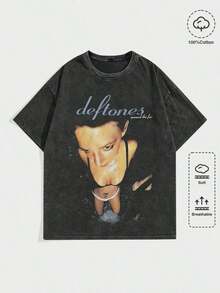 Men Street Life "D Eftones" Band "Around The Fur" Graphic Print Vintage Washed Short Sleeve Crew Neck Men's T-Shirt,Cheap Clothes,T Shirt Men - 軍綠色 2 - 查看 1