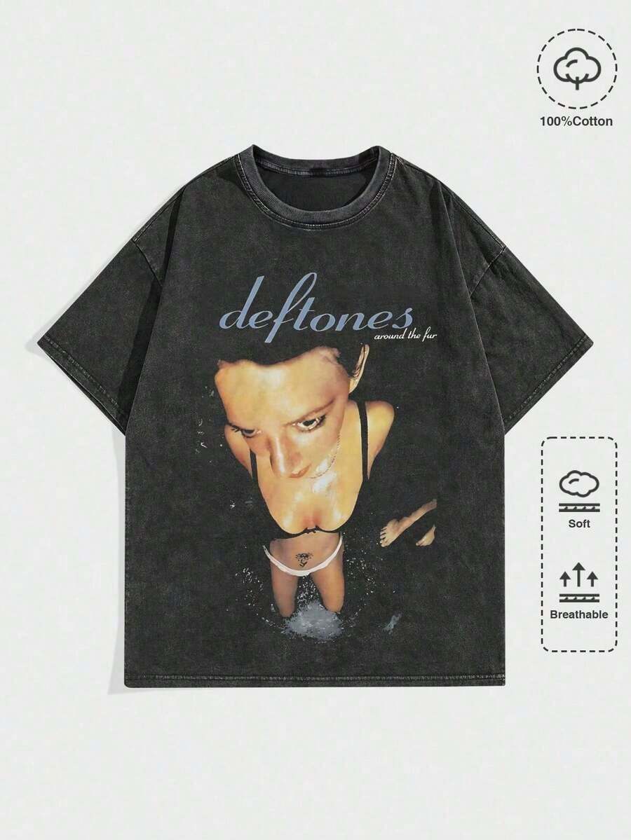 Men Street Life "D Eftones" Band "Around The Fur" Graphic Print Vintage Washed Short Sleeve Crew Neck Men's T-Shirt,Cheap Clothes,T Shirt Men - 軍綠色 2 - 查看 1