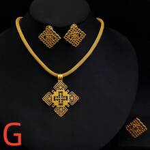 African Classic Cross Jewelry Set, Golden Color Pendant Necklace Earrings Ring, Middle East Eritrea Bridal Wedding Jewelry Gift