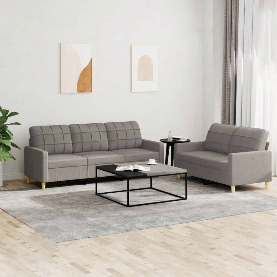 vidaXL 2-Teiliges Sofagarnitur-Set Mit Kissen, Stoff In Taupe - Grey - View 1